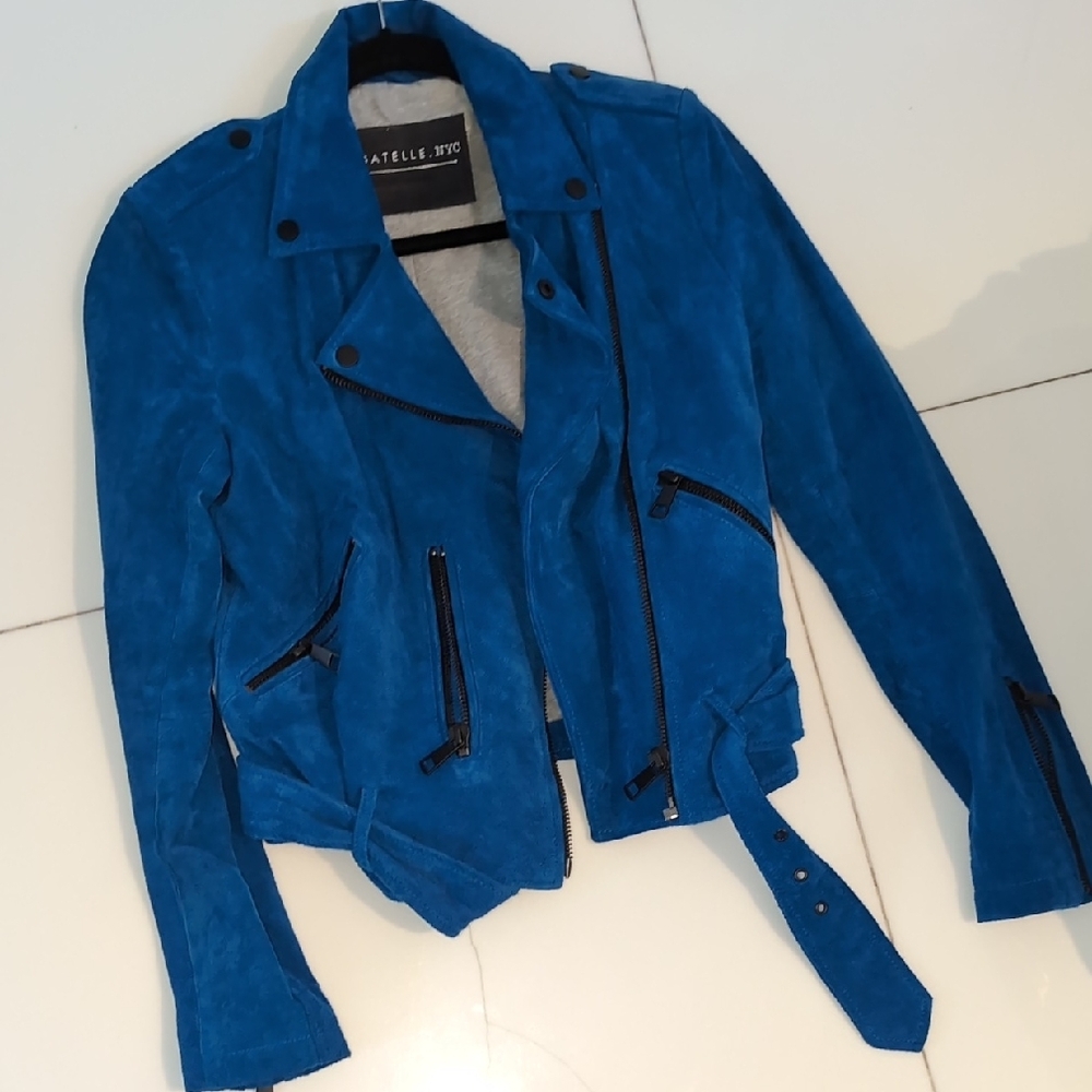 Bagatelle Blue Leather Moto Jacket with Asymmetrical Zipper
